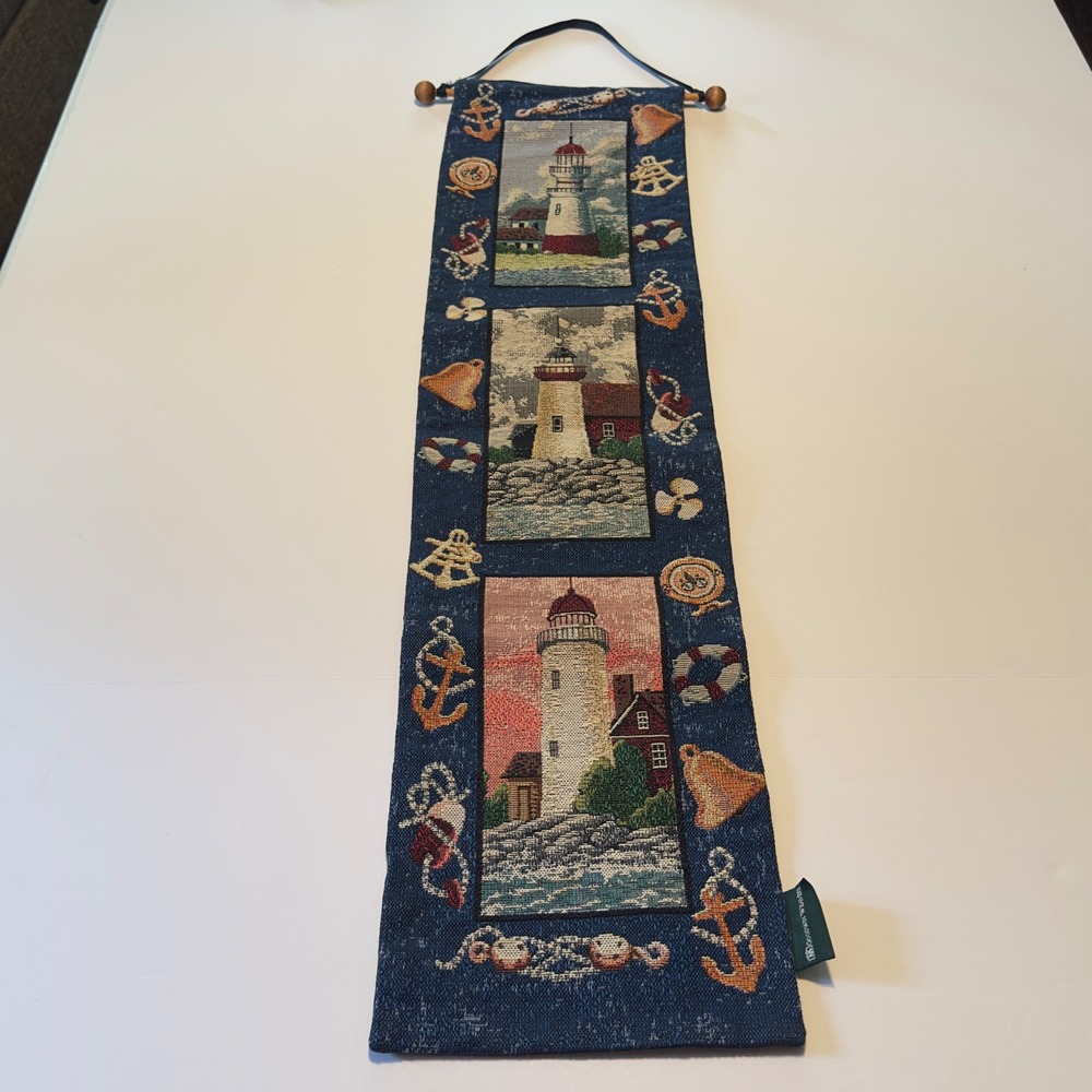 Goodwin Weavers Lighthouse Wall Hanging Blue Woven Tapestry Bell Pull 8x33 USA
